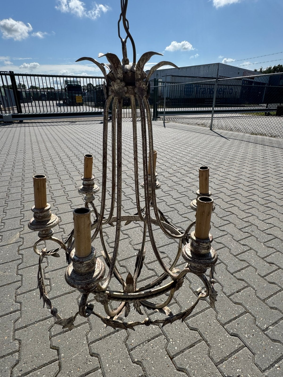 Vintage Franse kroonluchter/ brocante hanglamp, Ophalen, Gebruikt, Metaal
