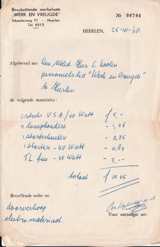 HEERLEN 1958 Kwitantie Beschutte Werkplaats WERK en VREUGDE, Verzenden, 1940 tot 1960, Gelopen, Limburg