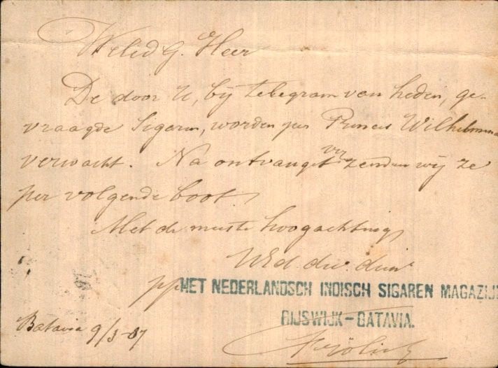 Nederlands Indië - Sigaren magazijn Reclame - Rijswijk -1887, Ophalen of Verzenden, Briefkaart