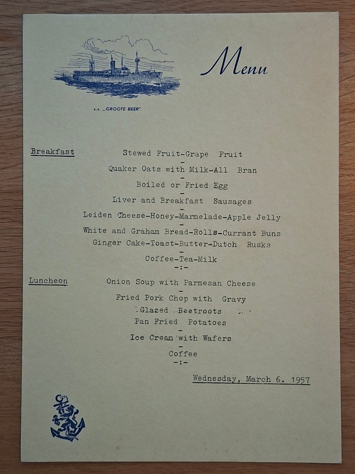 Menukaart SS Groote Beer 19157 Holland Amerika Lijn, Verzamelen, Verzenden, Gebruikt, Gebruiksvoorwerp