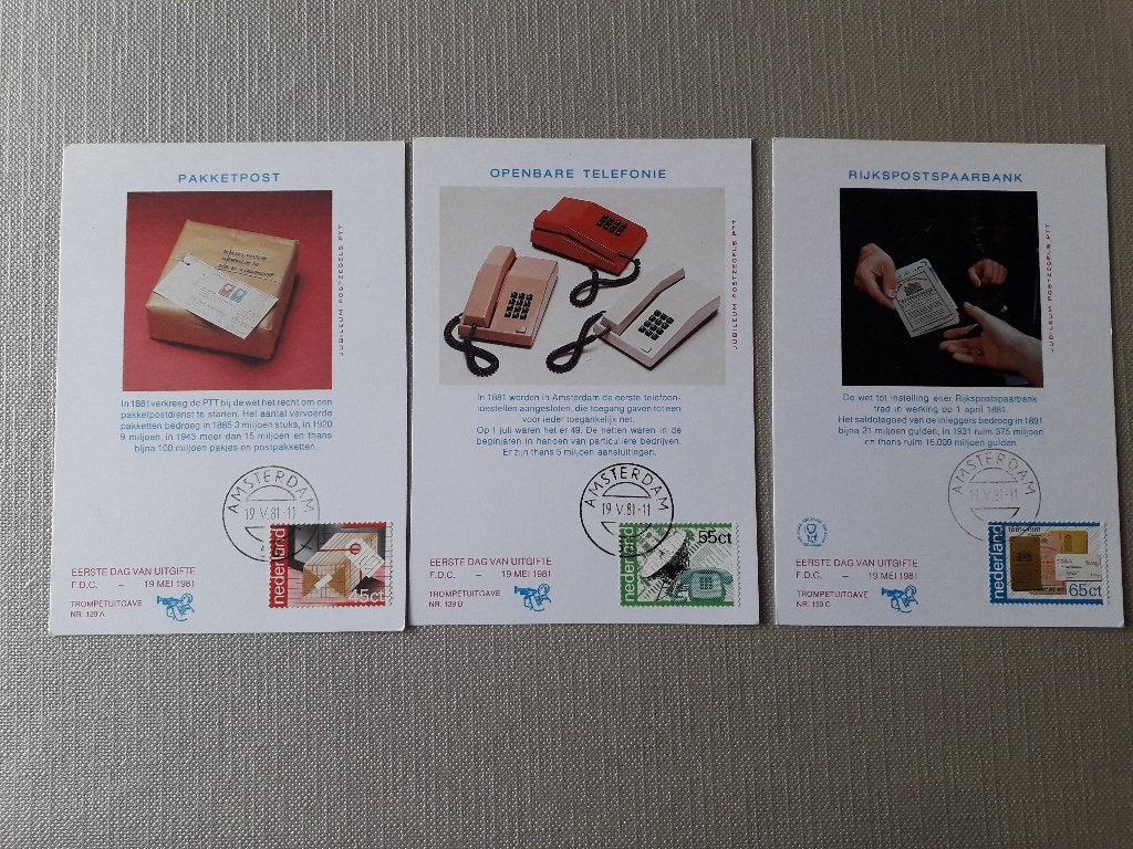 FDC 3x Trompetuitgaven 139a-b-c 100 jaar PTT-diensten, Postzegels en Munten, Postzegels | Nederland, Ophalen, Na 1940, Gestempeld