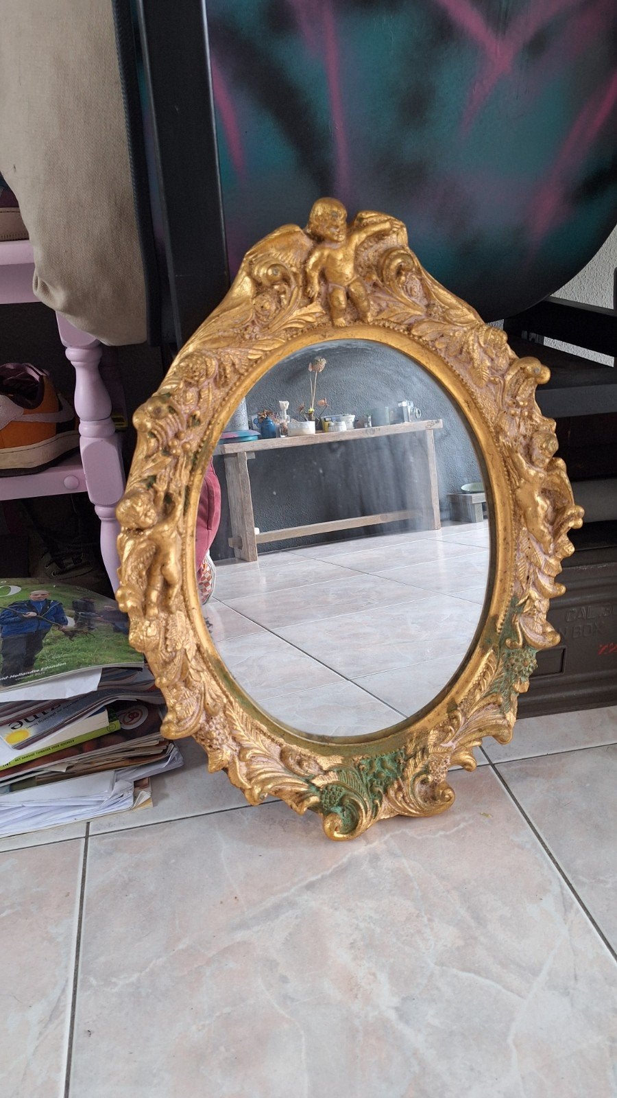 Antieke Gouden Spiegel met Engeltjes - Ovaal, Ophalen, Ovaal, Minder dan 50 cm, Minder dan 100 cm
