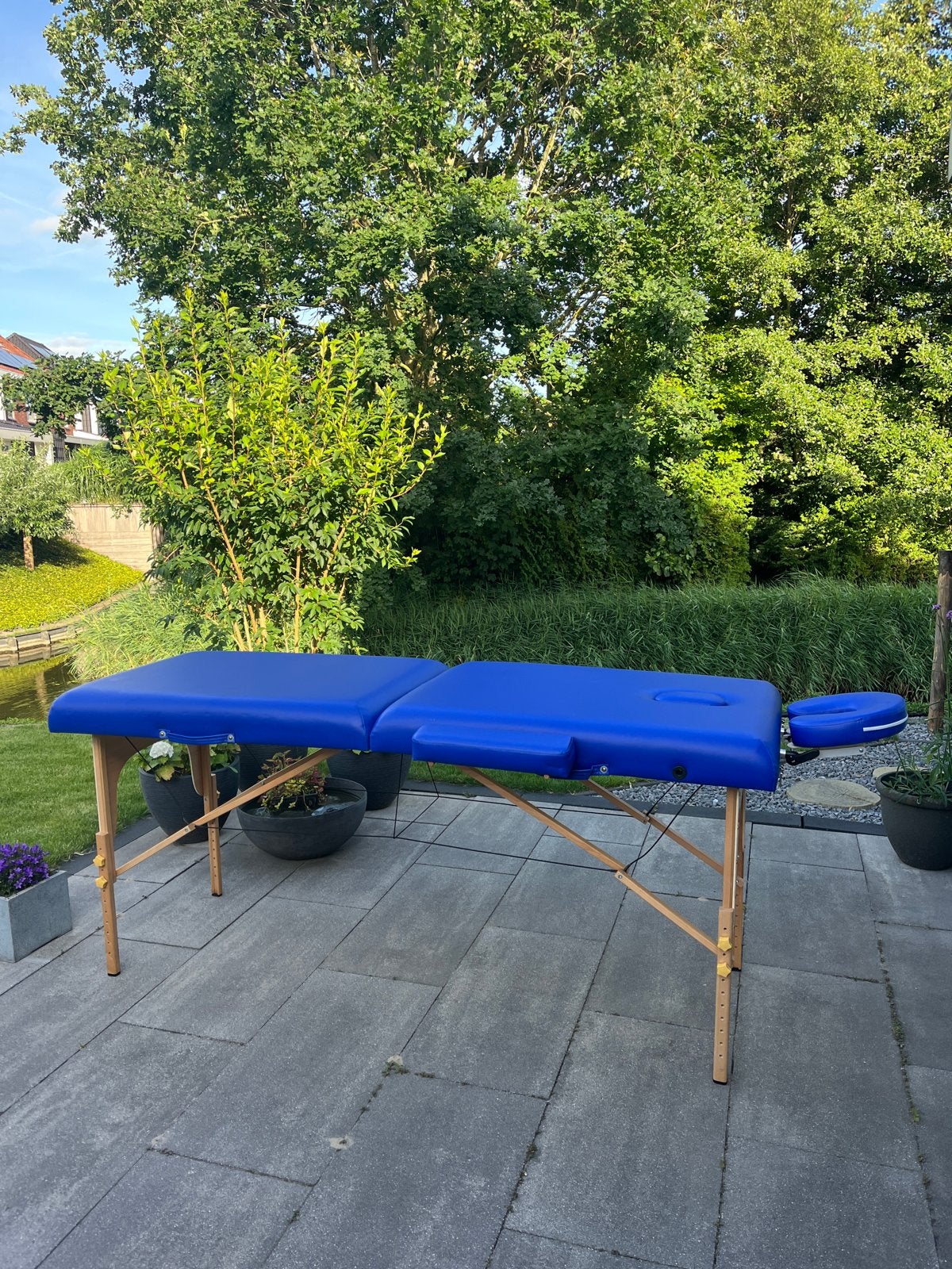 Inklapbare massagetafel blauw + hoezen & accessoires, Ophalen, Gebruikt, Massagetafel