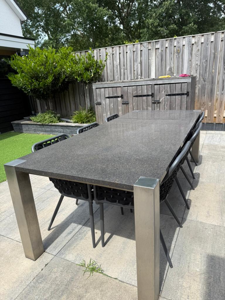 Luxe tuinset 6 tot 8 personen. Natuurstenen blad, Tuin en Terras, Ophalen of Verzenden, Zo goed als nieuw, Rechthoekig, Overige materialen