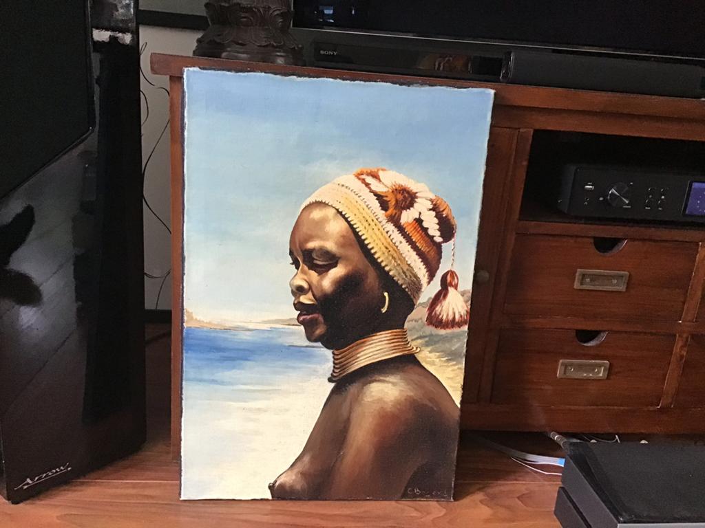 Vintage schilderij portret Afrikaanse jonge vrouw, Antiek en Kunst, Kunst | Schilderijen | Klassiek, Ophalen