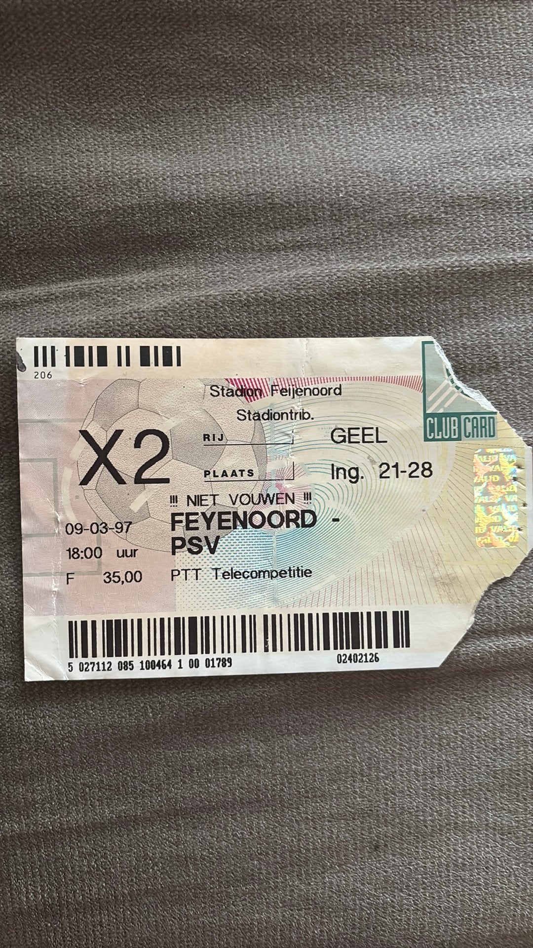 Oud stadionticket feyenoord psv 1997, Ophalen of Verzenden, Zo goed als nieuw, Feyenoord