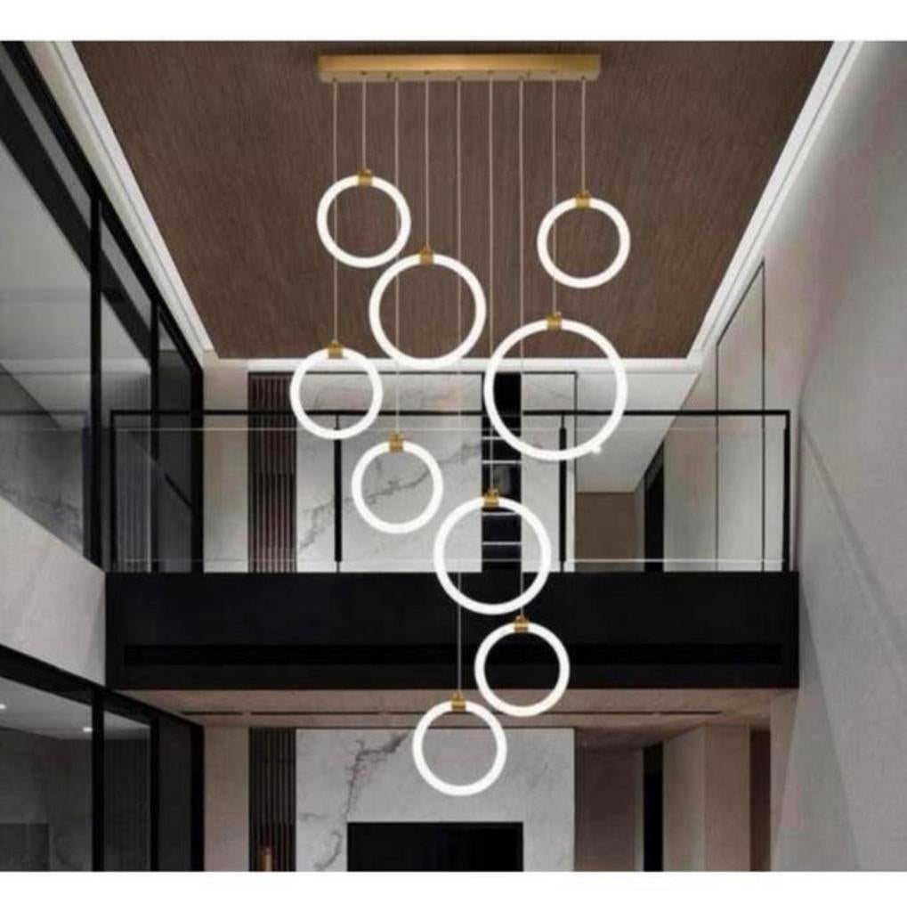 Luxe LED Moderne Trap Hanglamp Dimbaar 9-Ringen Kroonluchter, LED Ringen, Nieuw, Ophalen of Verzenden, H