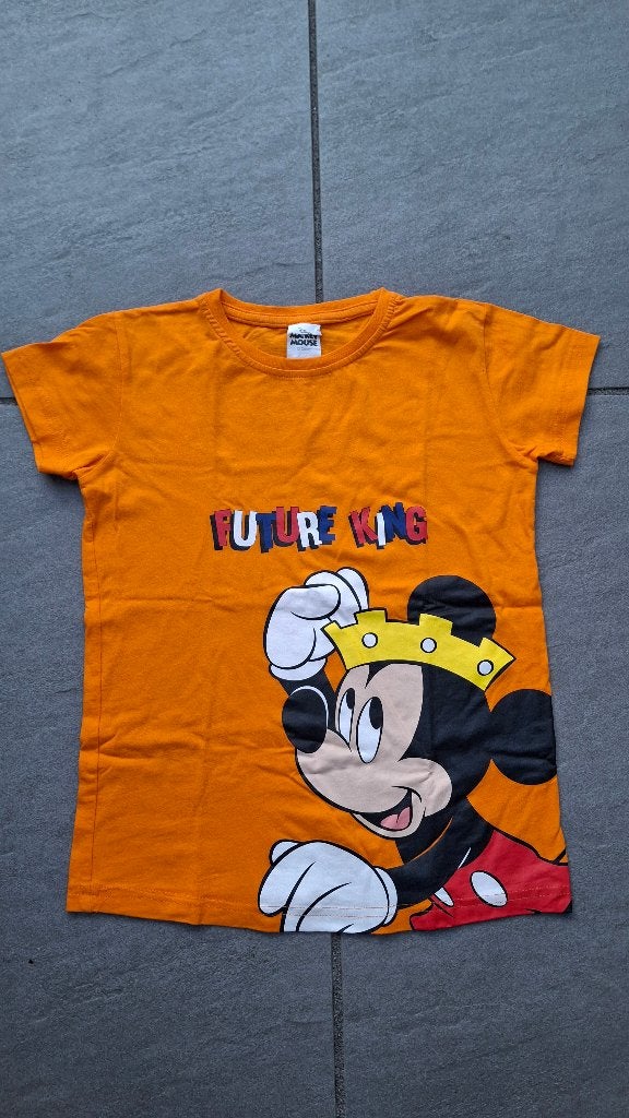 Koningsdag oranje tshirt mickey moouse 128-134 – ZGAN, Disney, Jongen of Meisje, Ophalen of Verzenden, Zo goed als nieuw