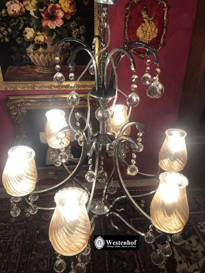 Groot kristallen kroonluchter  hanglamp zilver met 6 arms, Ophalen, Gebruikt, Overige materialen
