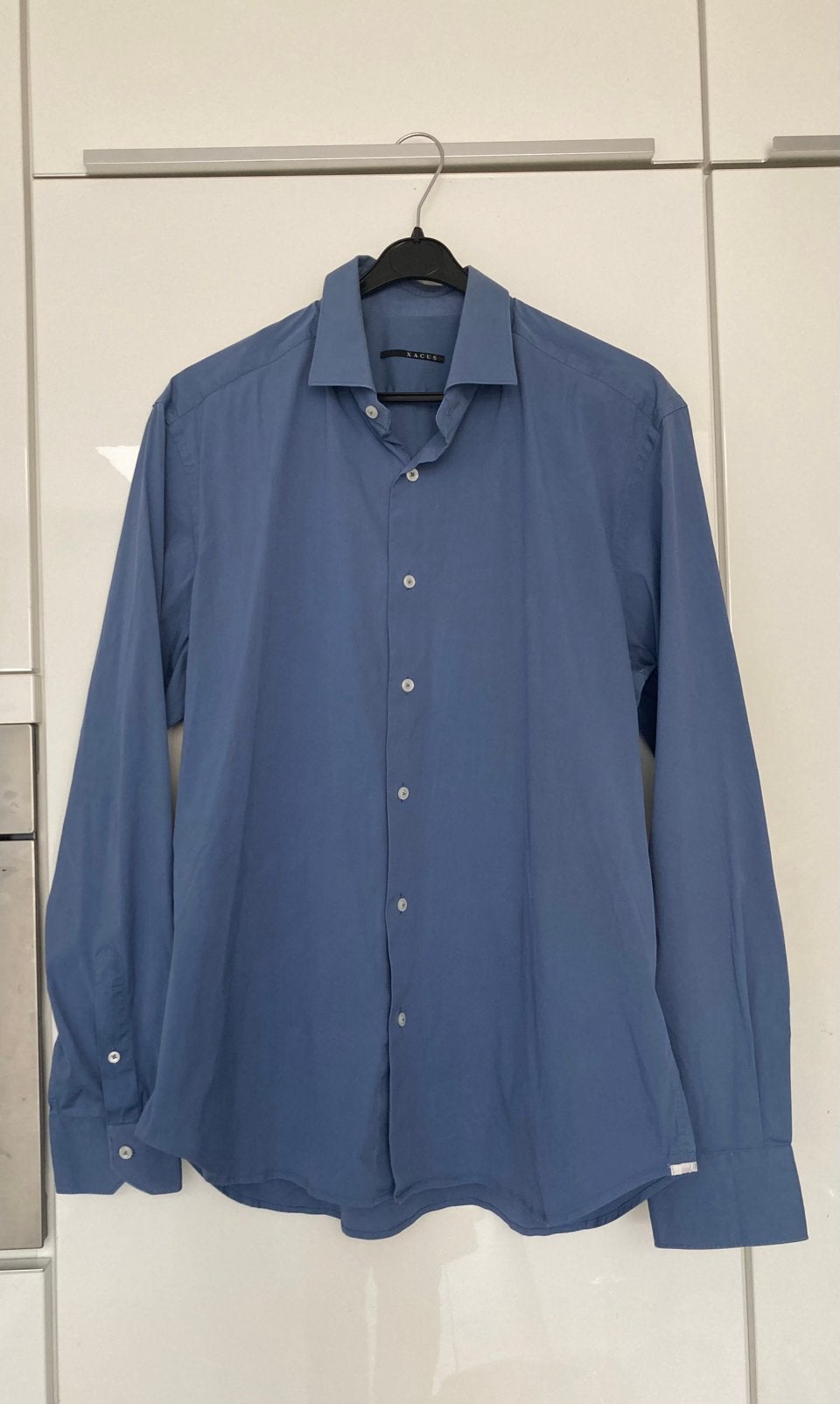 XACUS blauw/grijs overhemd. Stretch. Mt 17,5/44, Ophalen of Verzenden, Gedragen, Blauw, Halswijdte 43/44 (XL)