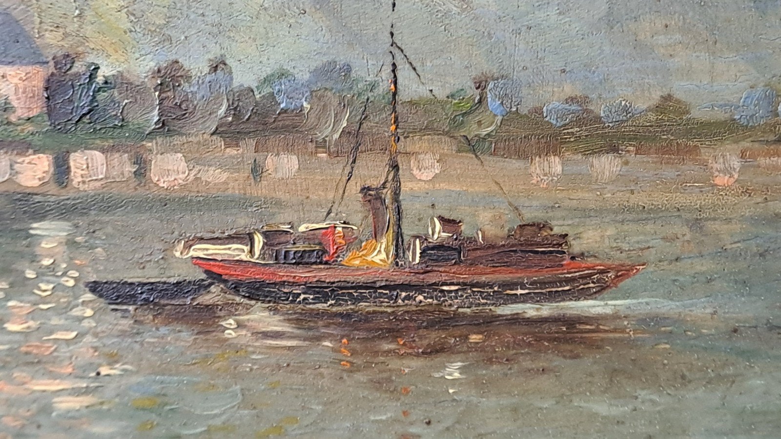 Antiek schilderij: Gezicht op de Rijn met schepen, Antiek en Kunst, Kunst | Schilderijen | Klassiek, Paneel, Ophalen of Verzenden