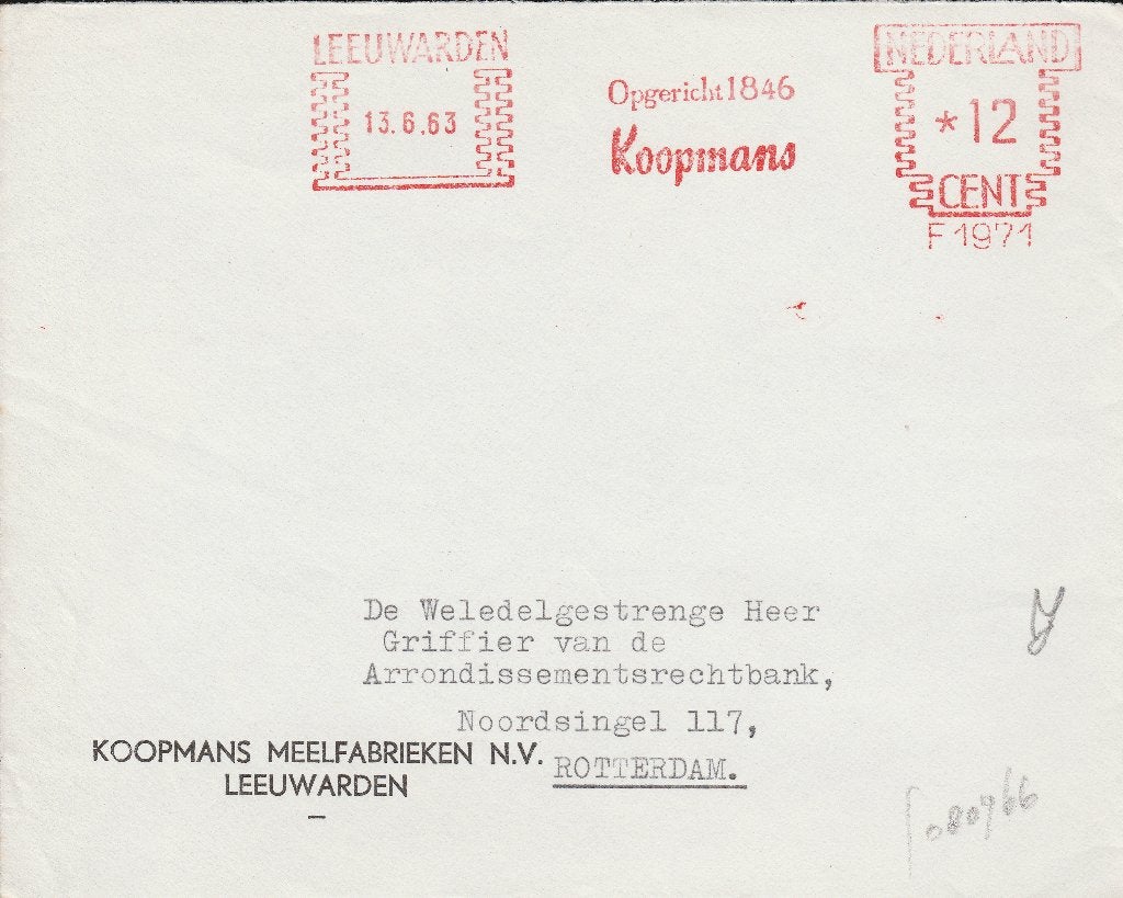 LEEUWARDEN 1963 enveloppenfront KOOPMANS MEELFABRIEKEN, Ophalen of Verzenden, 1960 tot 1980, Gelopen, Friesland