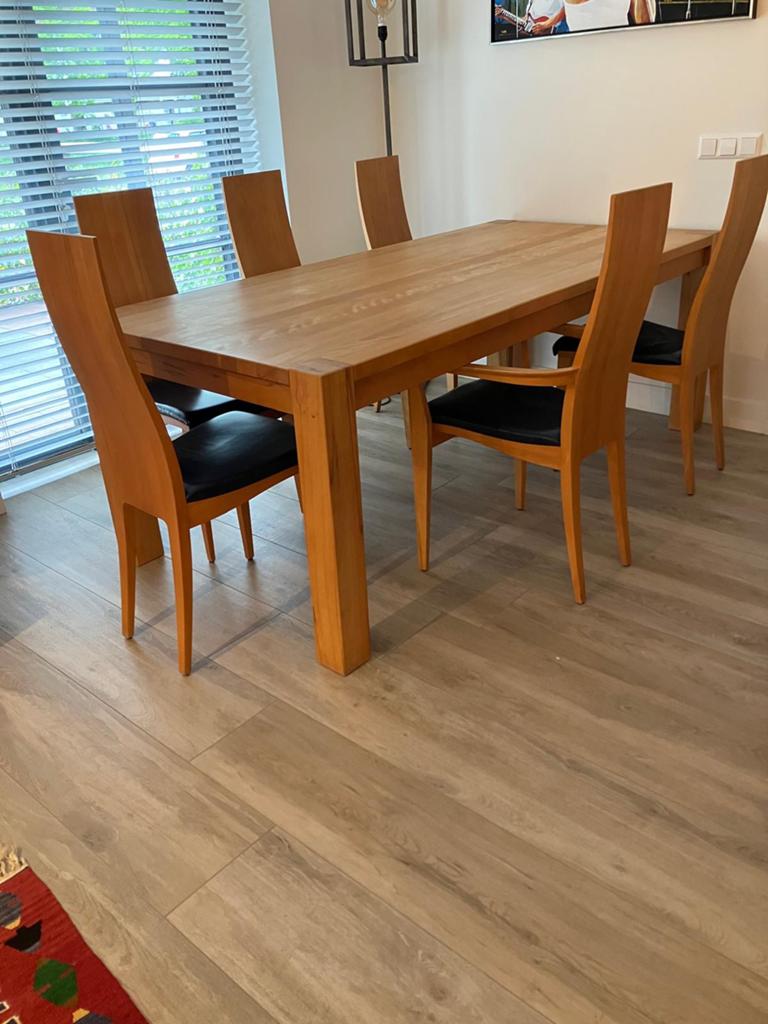 Beuken eetkamertafel (210x100) met 6 blauw lederen stoelen, Huis en Inrichting, Tafels | Eettafels, Ophalen, Gebruikt, 100 tot 150 cm