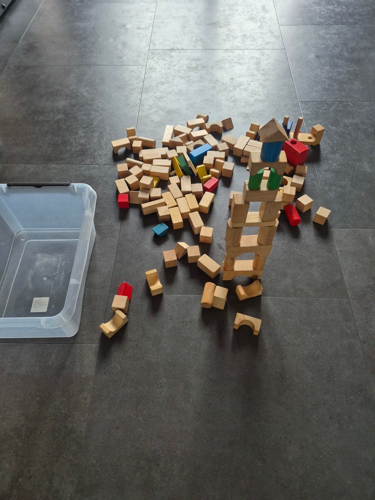Houten bouwblokken in opbergbox, Ophalen, Gebruikt, Overige merken