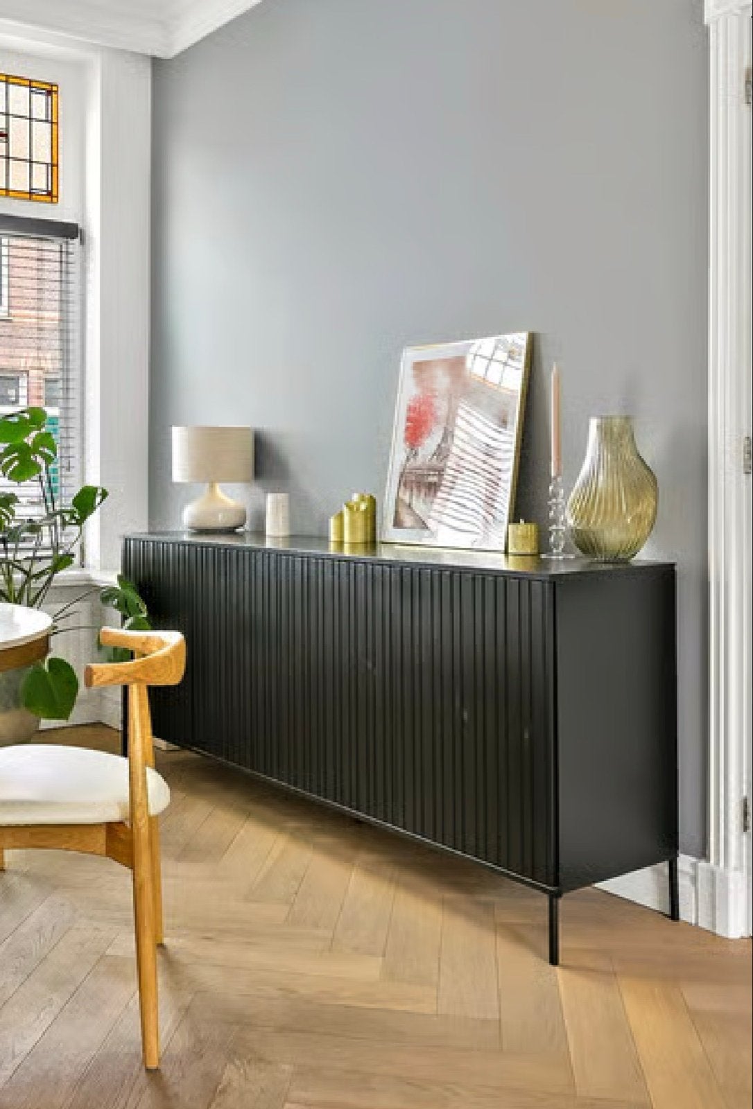 WOOOD Dressoir New Gravure Zwart Grenen 200x46x85cm, Ophalen, Zo goed als nieuw, 200 cm of meer, Grenenhout