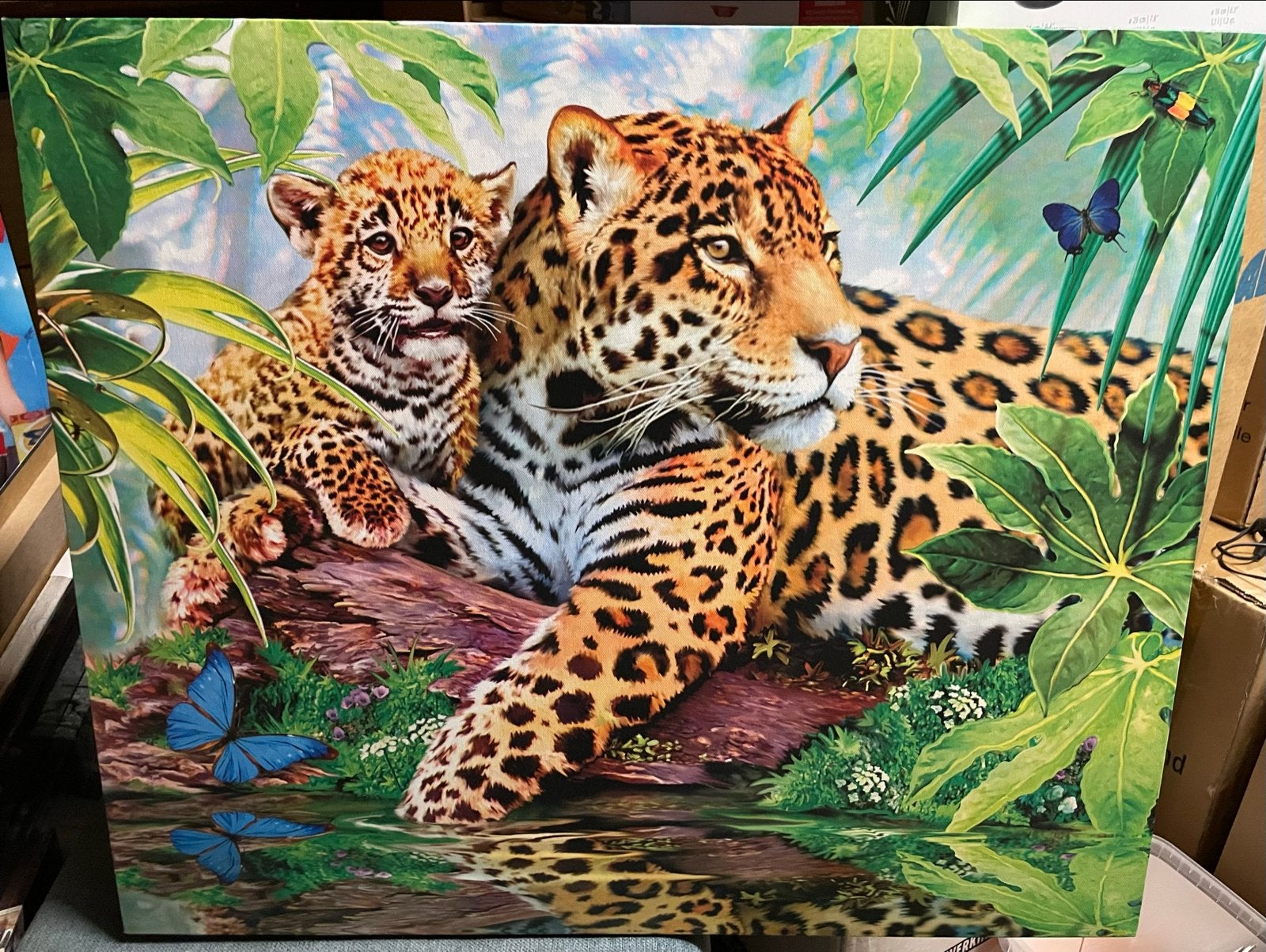Schilderij met Jaguar en welp in de jungle, Ophalen, 50 – 75, Gebruikt, Schilderij