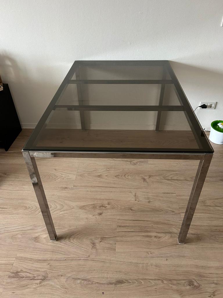 Gratis Eettafel met glazen blad en metalen onderstel, Ophalen, Gebruikt, 100 tot 150 cm, 50 tot 100 cm