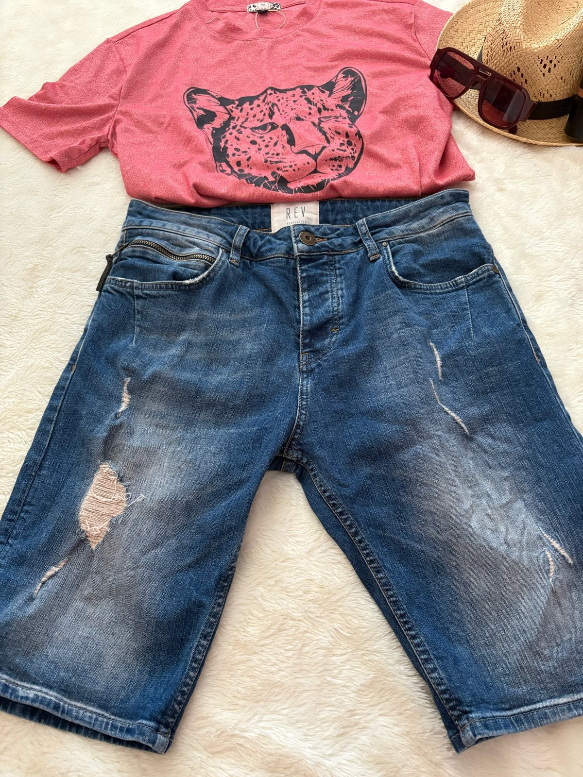 Heren Denim Short - REV Revelation - Maat M, Ophalen of Verzenden, Gedragen, Blauw, Overige jeansmaten