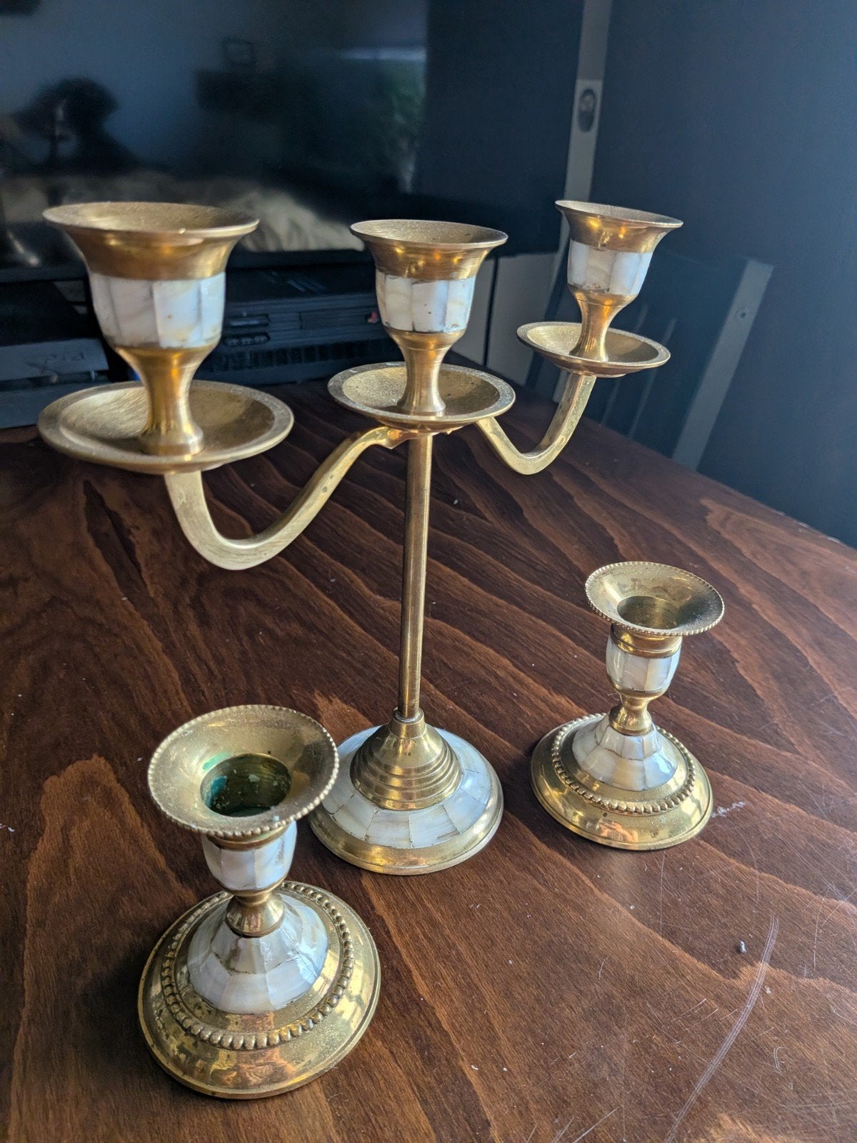 Messing Kandelaber en Kandelaars met Parelmoer Inleg, Ophalen of Verzenden, Koper of Brons