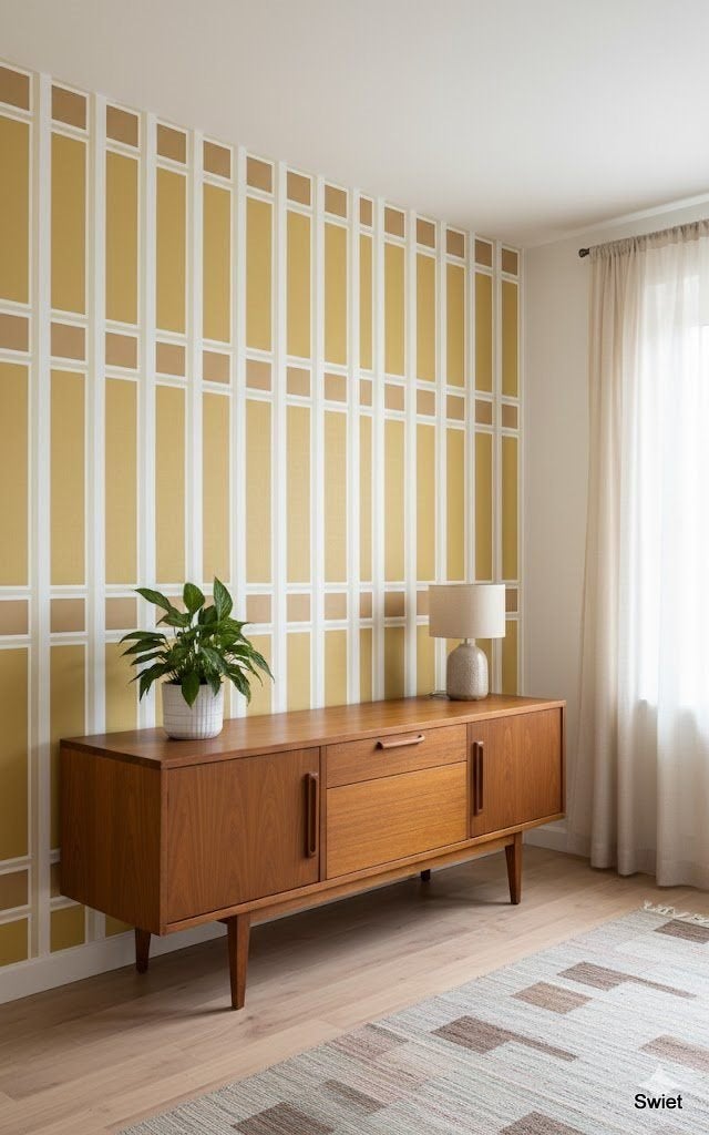 14261 vintage vinyl behang oker geometrisch seventies swiet, Huis en Inrichting, Stoffering | Behang, Verzenden, Minder dan 10 m²