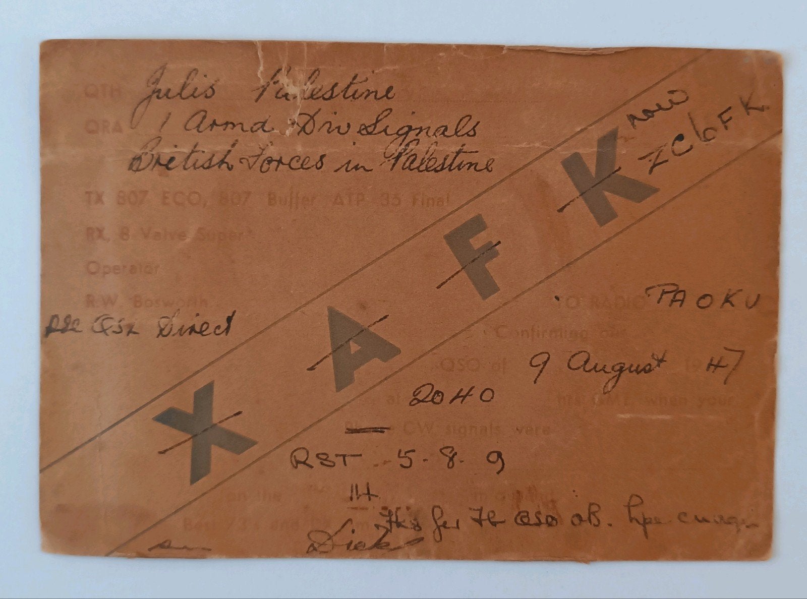 QSL Kaart Palestina 1947 - Britse Strijdkrachten, Verzamelen, Overige Verzamelen, Ophalen of Verzenden, Gebruikt