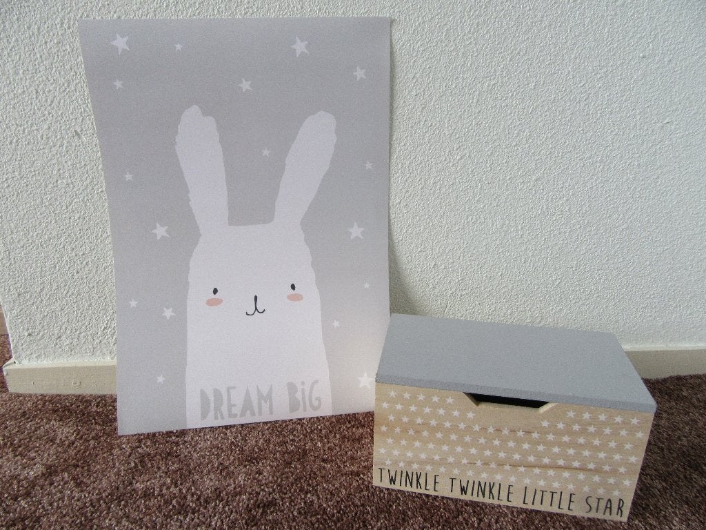 Poster en houten doosje twinkle star konijn NIEUW, Beige, Nieuw, Ophalen of Verzenden, Wanddecoratie