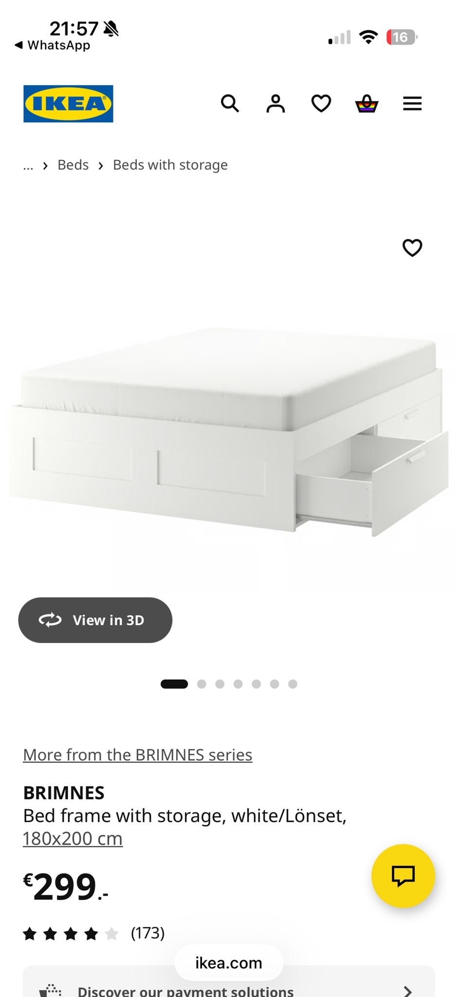 Brimnes bed 180x200 met opberglades en lattenbodem, Ophalen, Gebruikt, Wit, Tweepersoons