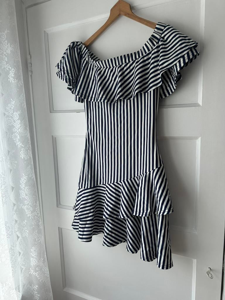 Stijlvol zomerse blauw wit roezel ruffle jurk Maria Tailor, Ophalen of Verzenden, Nieuw, Maat 34 (XS) of kleiner, Blauw