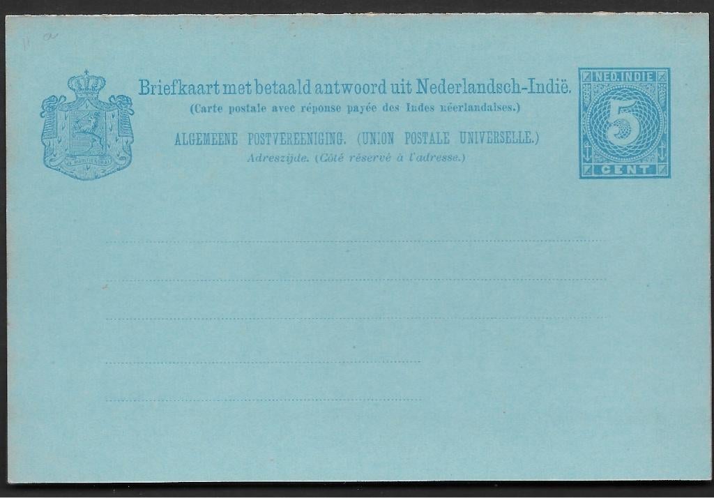 Briefkaart Ned. Indië 11a met Betaald antwoord 5 + 5 cent., Ophalen of Verzenden, Briefkaart