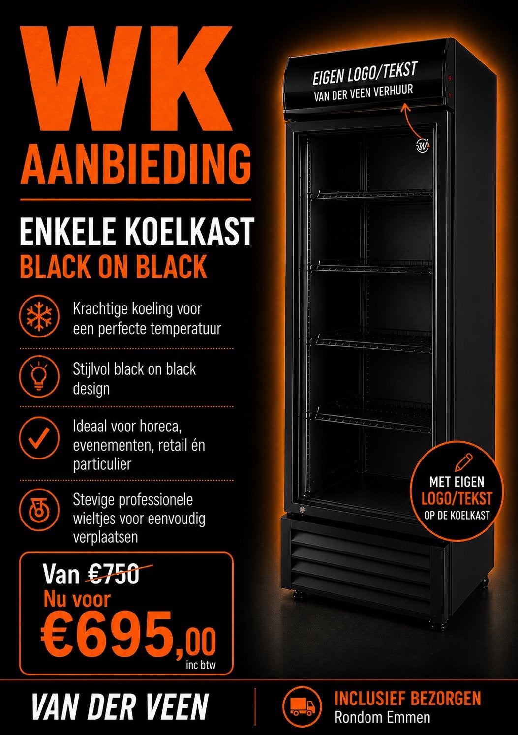 WK Aanbieding: Enkele Koelkast Black on Black, Witgoed en Apparatuur, Koelkasten en IJskasten, Ophalen, Zonder vriesvak, 200 liter of meer