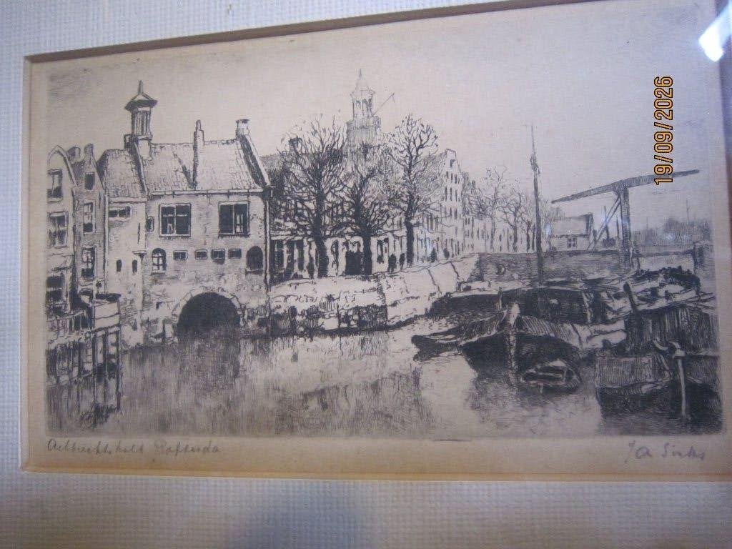 JAN SIRKS, Mooi Klein etsje van de AELBRECHTSKOLK  R.dam, Ophalen, Stadsgezicht, Ets, 1900 - 1949