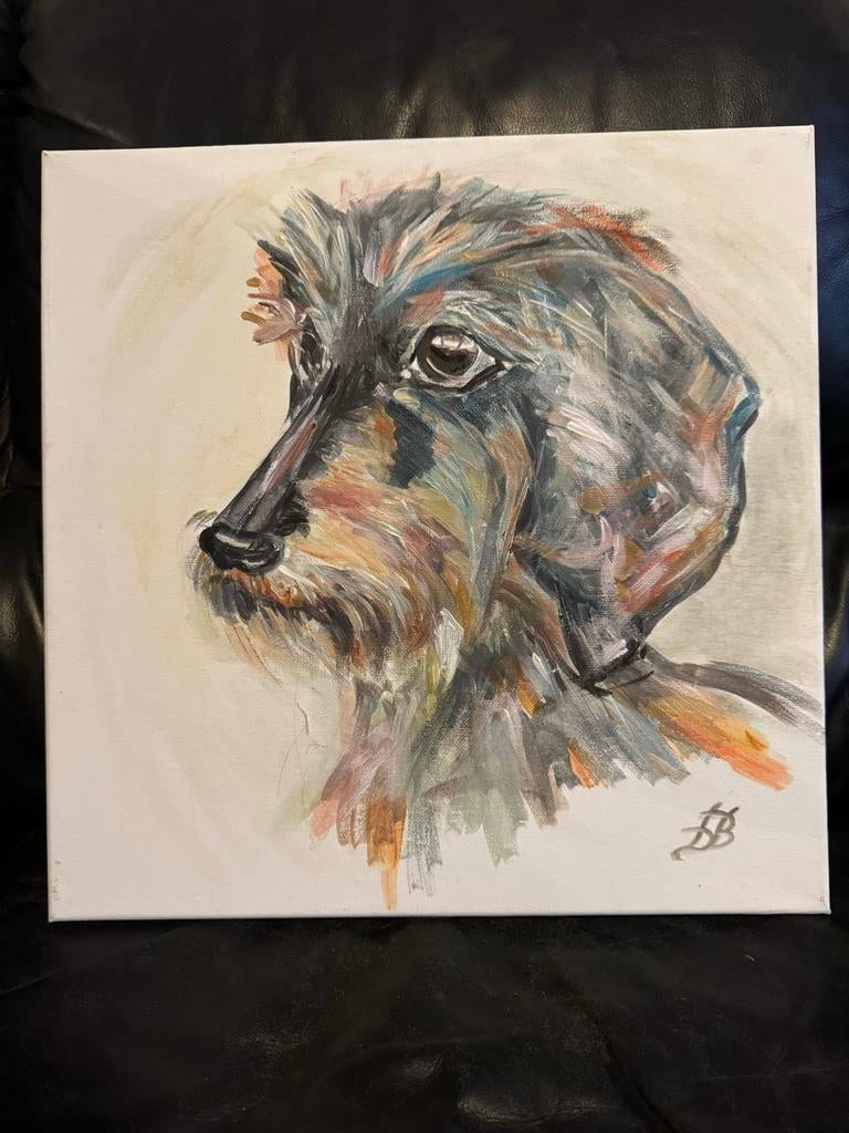 Schilderij van een Teckel 39*39 Acryl op doek gesigneerde, Ophalen of Verzenden