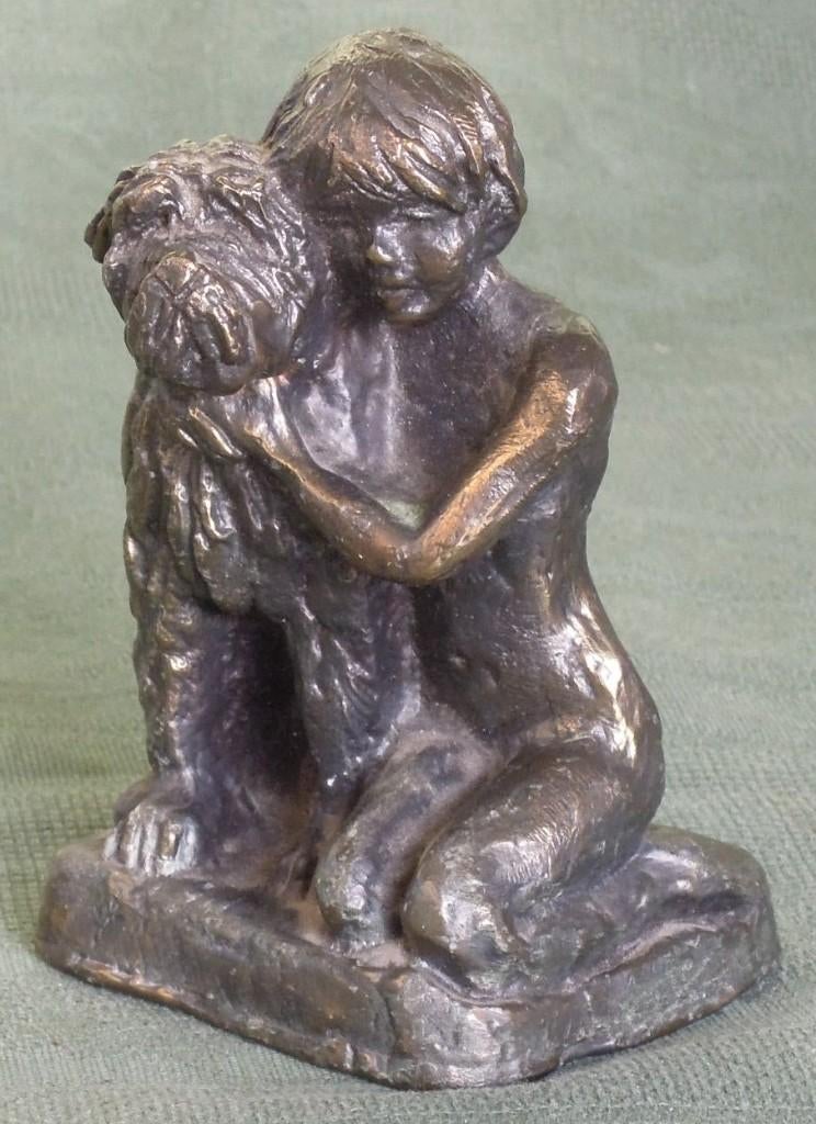 Nr. DK7: Bronzen beeldje van meisje met hondje, Ophalen of Verzenden, Zo goed als nieuw, Mens
