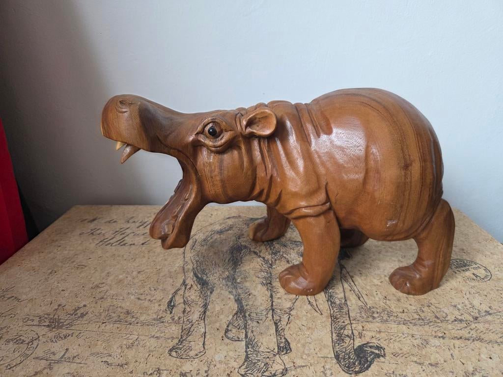 Houten Nijlpaard Beeld, Antiek en Kunst, Ophalen of Verzenden