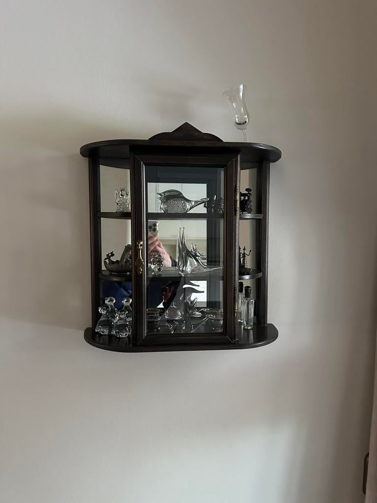Vitrinekast(je) zwart/bruin + zeldzaam glaswerk, Ophalen, Zo goed als nieuw, 25 tot 50 cm, Minder dan 100 cm