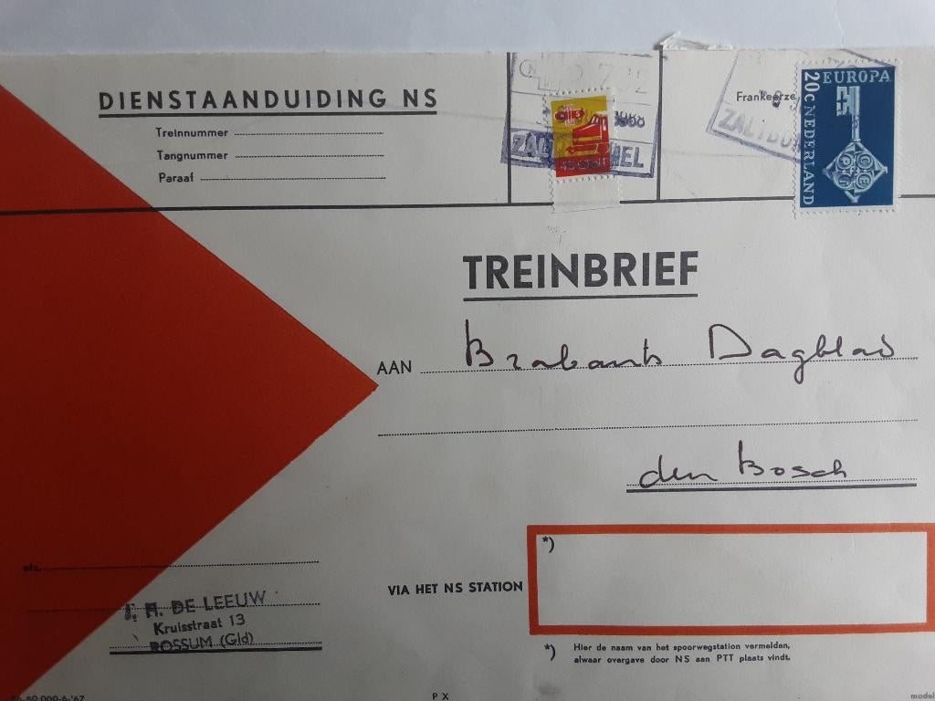TREINBRIEVEN NED. SPOORWEGEN/NS MET ZEGELS + STEMP. 6 STUKS, Ophalen of Verzenden, Na 1940, Gestempeld