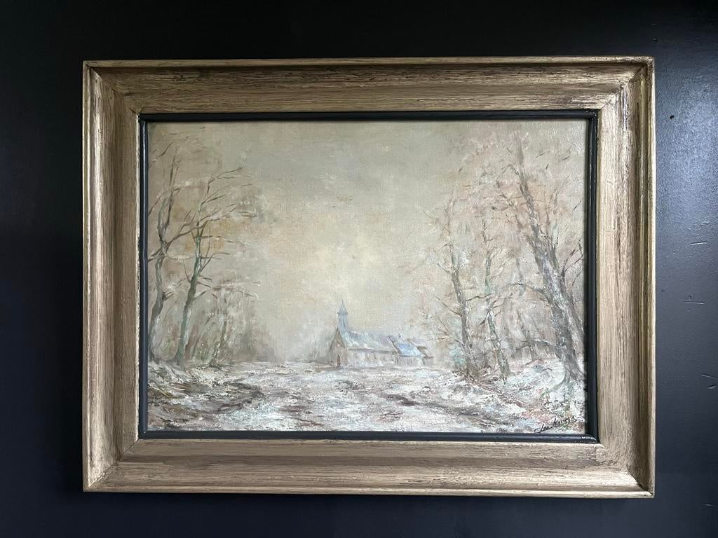 Winterlandschap met kerk, olieverf op linnen, Ophalen of Verzenden
