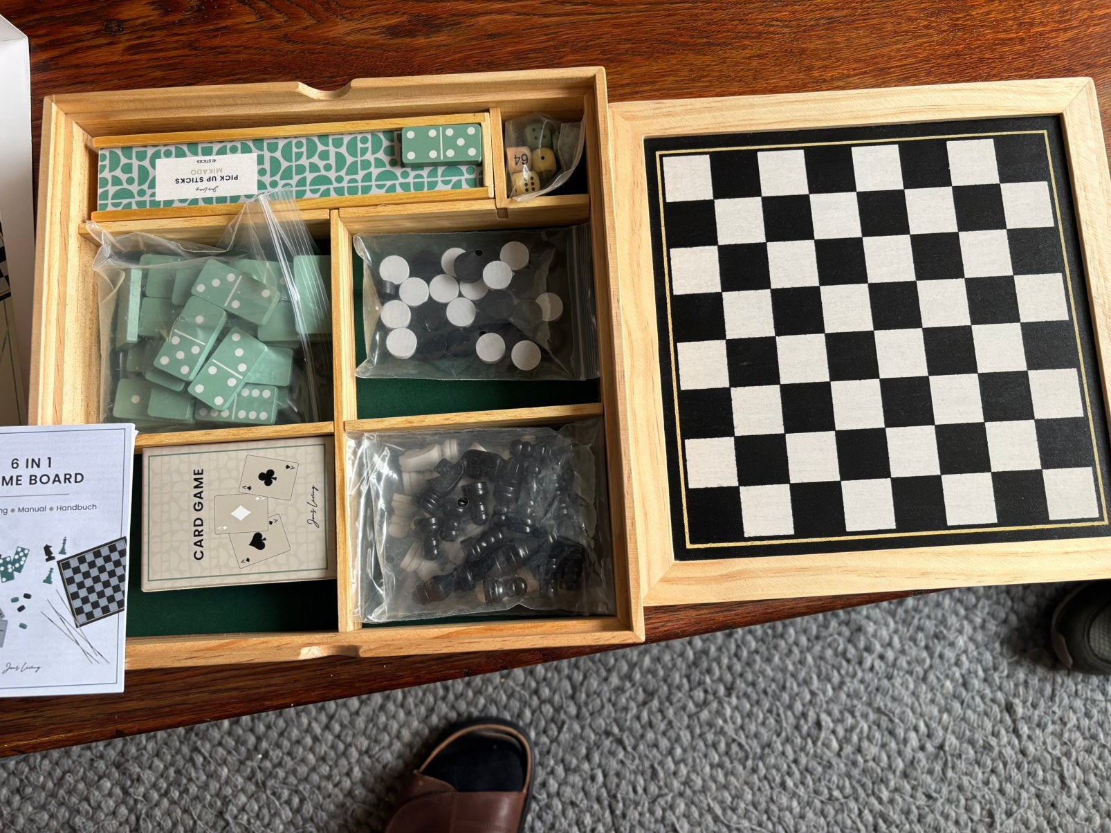 6in1 GAMEBORD,SCHAKEN,DAMMEN, BACKGAMMON, DOMINO, MIKADO, Een of twee spelers, Ophalen of Verzenden, Zo goed als nieuw