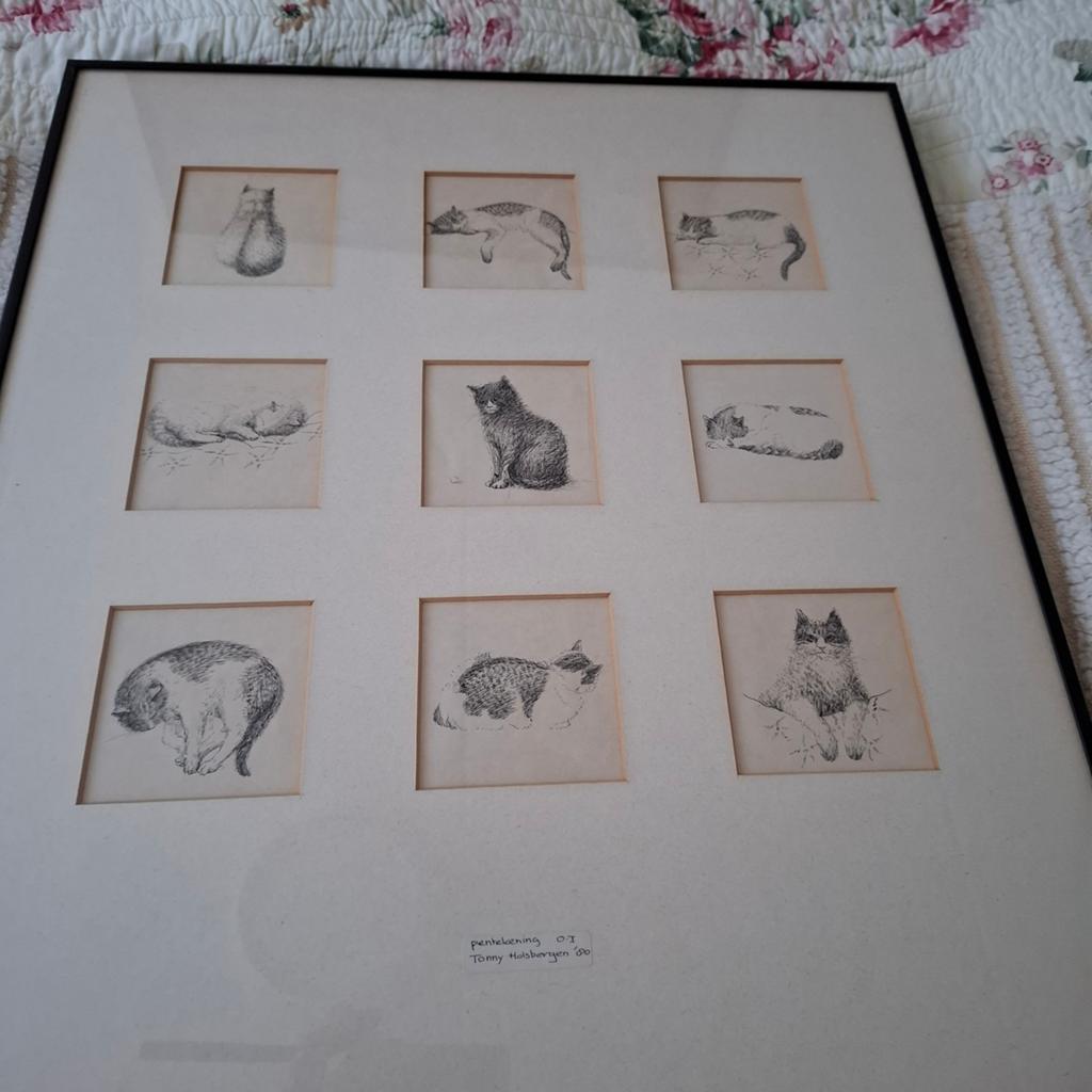 Pentekening katten 50x60 cm, gesigneerd Tonny Holsbergen, Antiek en Kunst, Ophalen