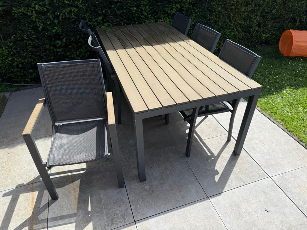 Buiten tafel met 6 tuinstoelen Bois le duc 200x100 cm, Ophalen, Kunststof, Gebruikt, Eettafel