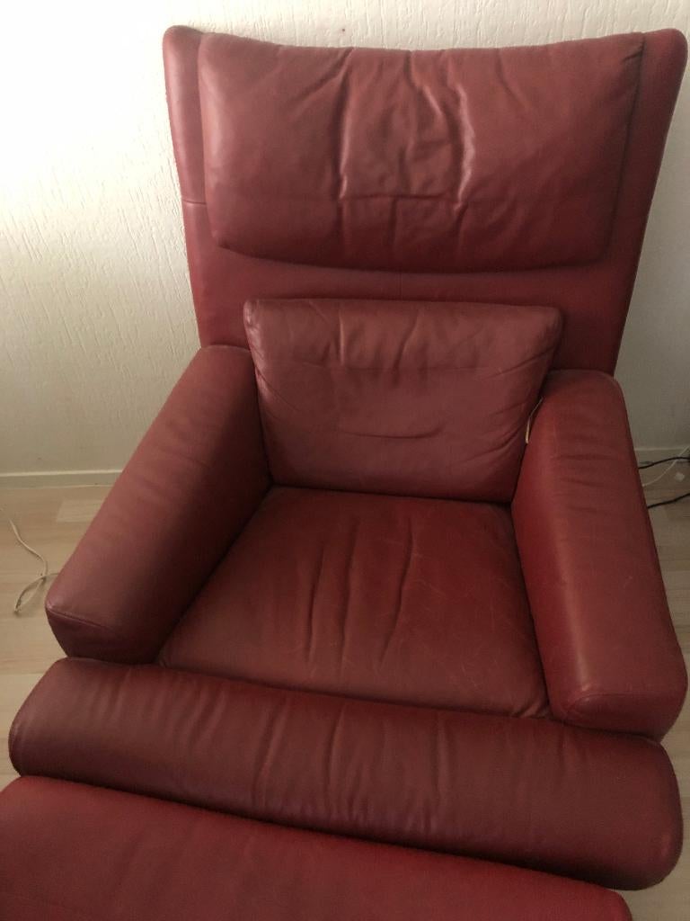 Vintage Rolff Benz Model 562 Rood Leren Fauteuil+Hocker., Ophalen