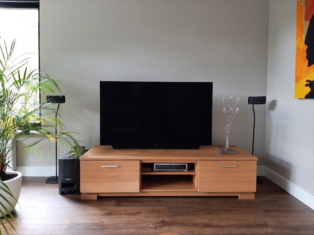 Laag dressoir / TV meubel, Ophalen, 150 tot 200 cm, Eikenhout, Zo goed als nieuw