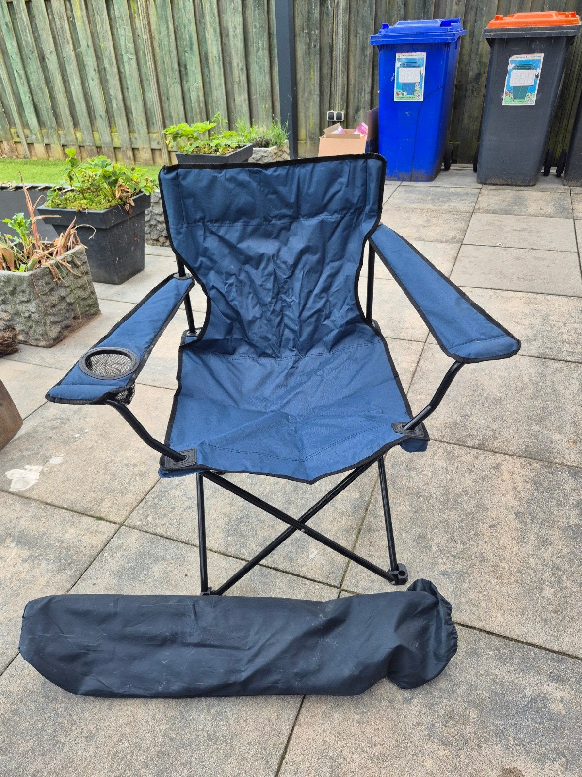 Opvouwbare campingstoel met bekerhouder en draagtas, Caravans en Kamperen, Ophalen of Verzenden, Gebruikt