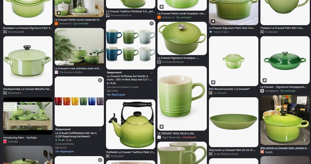 GEZOCHT: Alles van Le Creuset palm series (groen), Gebruikt, Overige merken, Overige typen, Ophalen of Verzenden