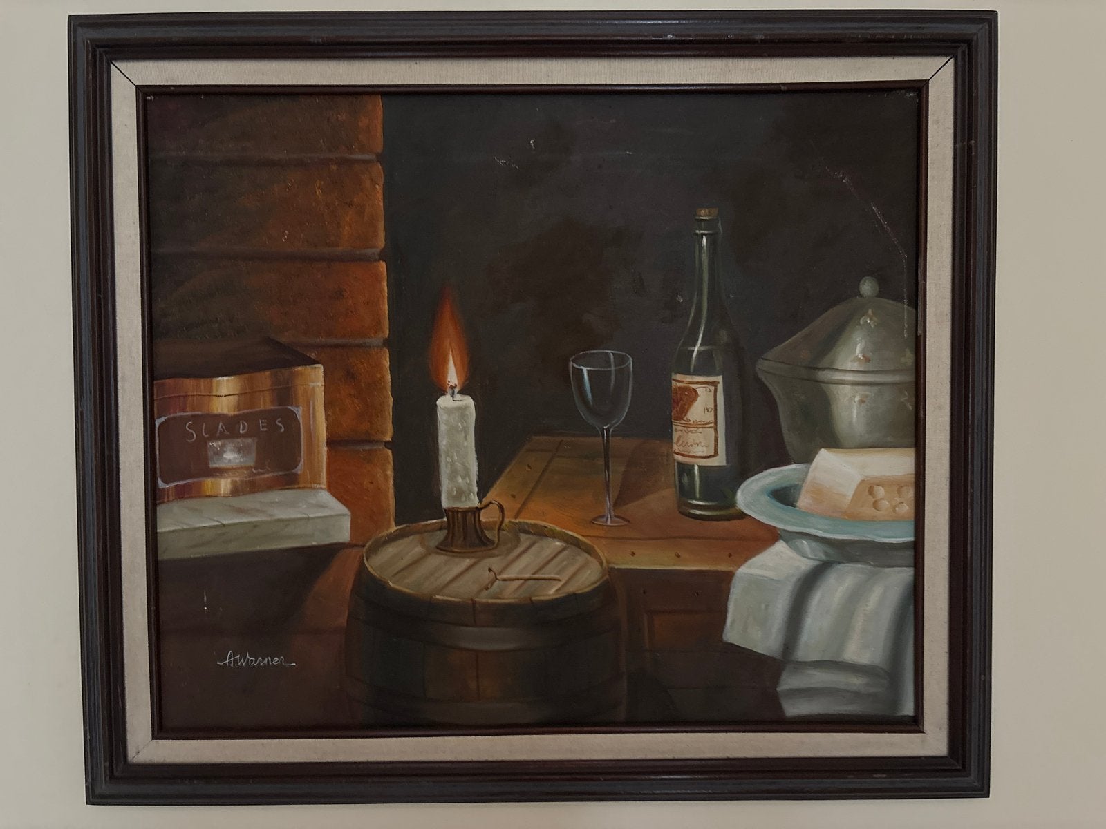 Klassiek stilleven met kaars, wijn en kaas, Antiek en Kunst, Kunst | Schilderijen | Klassiek, Ophalen, Doek, Stilleven, Gesigneerd