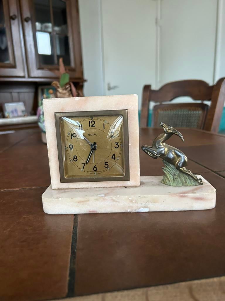 Art Déco Bureauklok met Bronzen/Koperen Gazelle – Marmer, Ophalen of Verzenden
