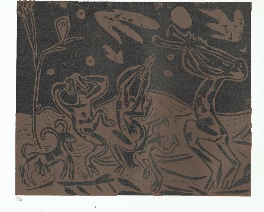 Picasso Bacchanal with Goat and Owl Linocut Genummerd, Antiek en Kunst, Kunst | Litho's en Zeefdrukken, Ophalen of Verzenden