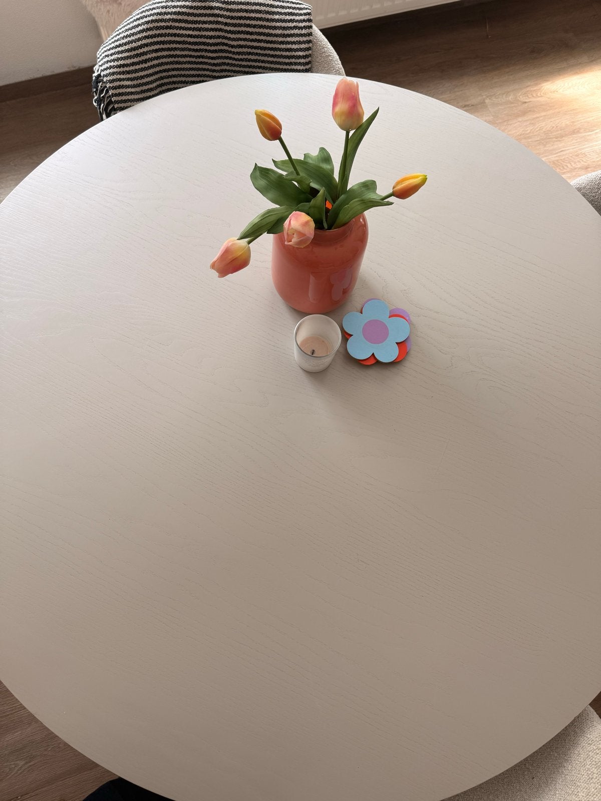 Ronde eettafel Trendhopper, beige hout, 122 cm, Huis en Inrichting, Tafels | Eettafels, Ophalen, Gebruikt, 100 tot 150 cm, Rond