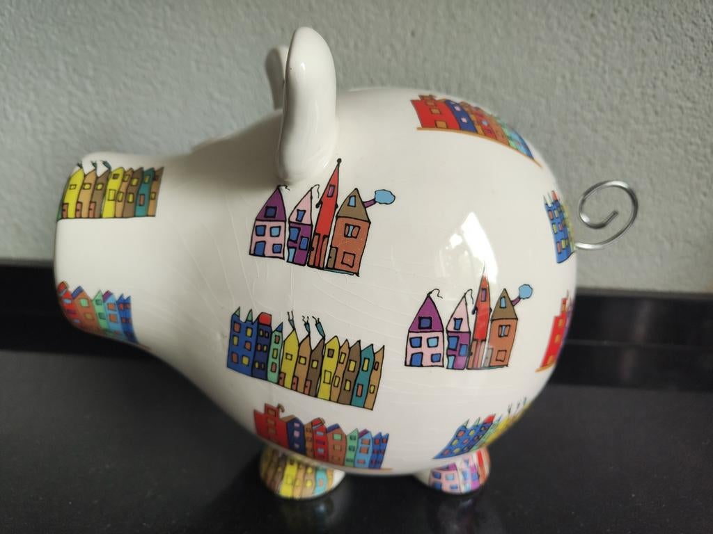 Design groot Spaarvarken met Hollandse grachten huisjes, Ophalen of Verzenden, Steen, Aardewerk of Keramiek