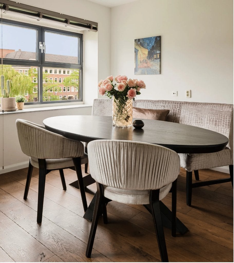 Oval eettafel, sofa en stoelen, 5 persoonen (custom made), Ophalen, Zo goed als nieuw, 4 tot 6 stoelen